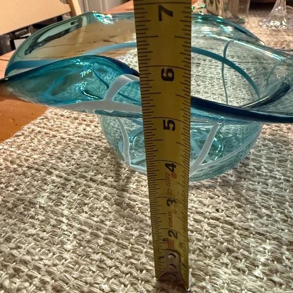 Handblown Aqua Blue Sombrero Freeform Abstract Art Glass Decorative Bowl